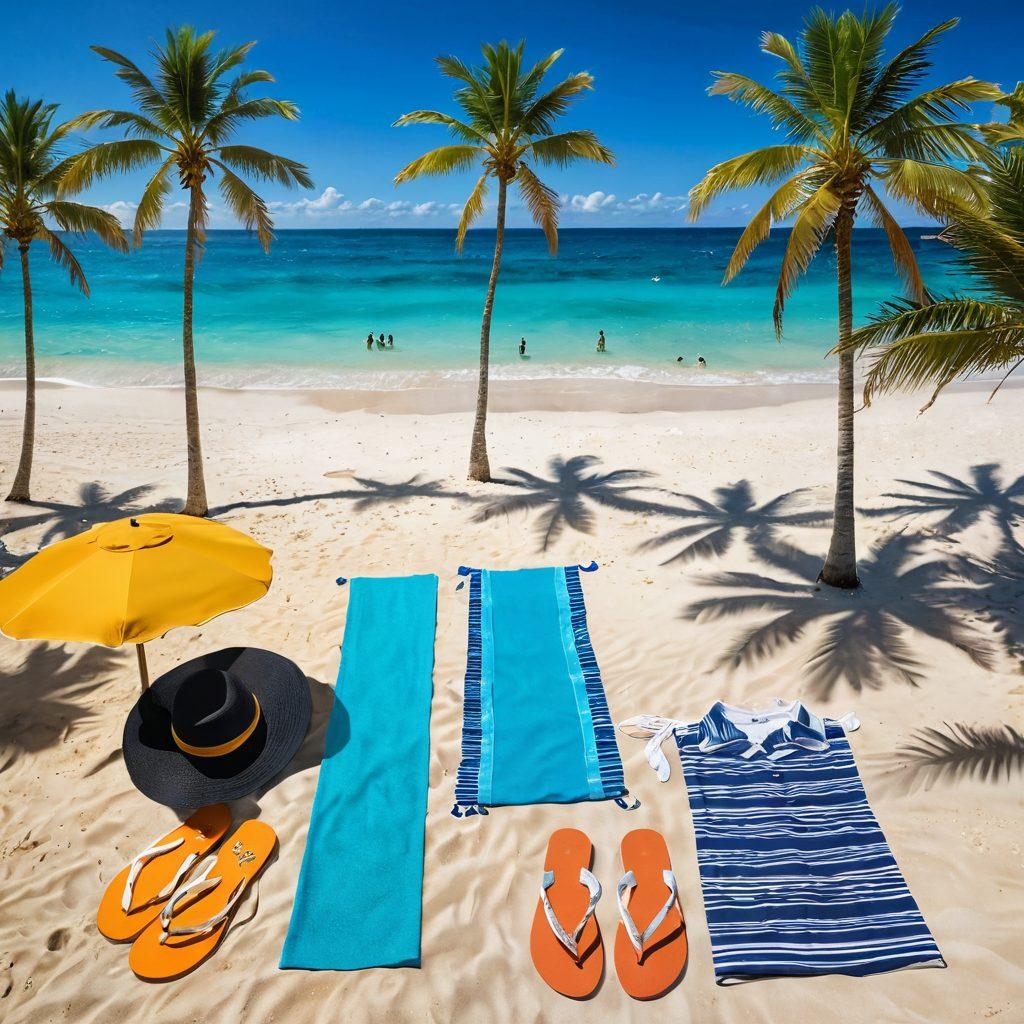A stylish summer beach scene showcasing diverse individuals in trendy beachwear, including colorful swimsuits, sun hats, and sunglasses. Incorporate beach accessories like flip-flops, towels, and sunglasses scattered around, with a backdrop of crystal-clear blue waters and palm trees swaying in the breeze. Capture a sunny, vibrant atmosphere that evokes a sense of fun and relaxation. super-realistic. vibrant colors. panoramic view.